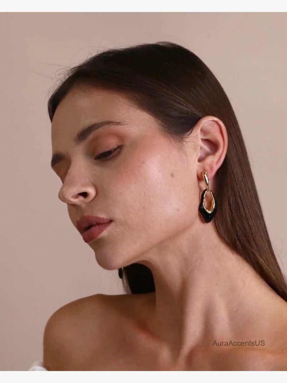 Oval Dangle Irregular 18K Gold Plated Black Enamel Resin Hoops Statement - Picture 5 of 5